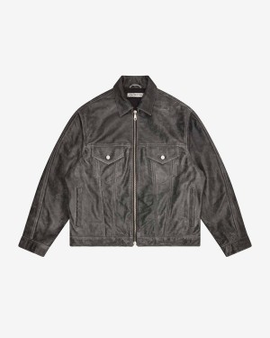 Cole Buxton Cracked Leather Trucker Men Jackets Black | USA AI0-42964Z5