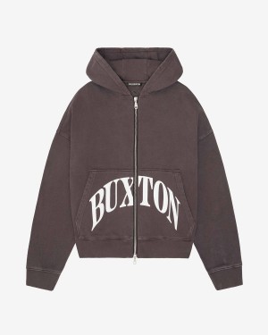 Cole Buxton Heavyweight Cropped Logo Zipped Men Hoodie Washed Brown | USA NC9-73957X3