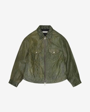 Cole Buxton Leather Trucker Men Jackets Green | USA FS6-04120B9