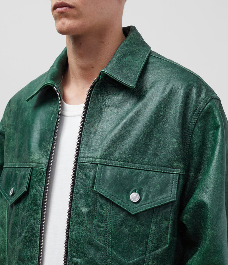 Cole Buxton Cracked Leather Trucker Men Jackets Green | USA PP9-92699X2