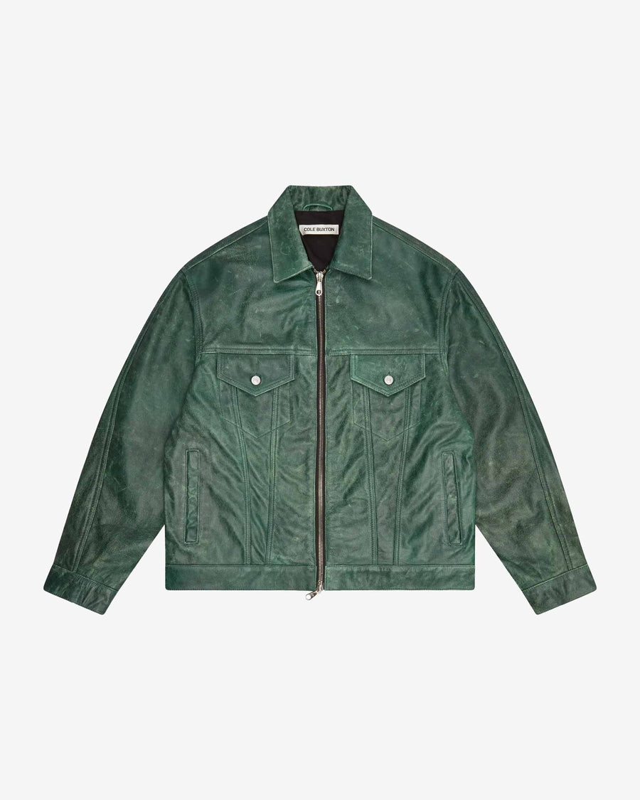 Cole Buxton Cracked Leather Trucker Men Jackets Green | USA PP9-92699X2