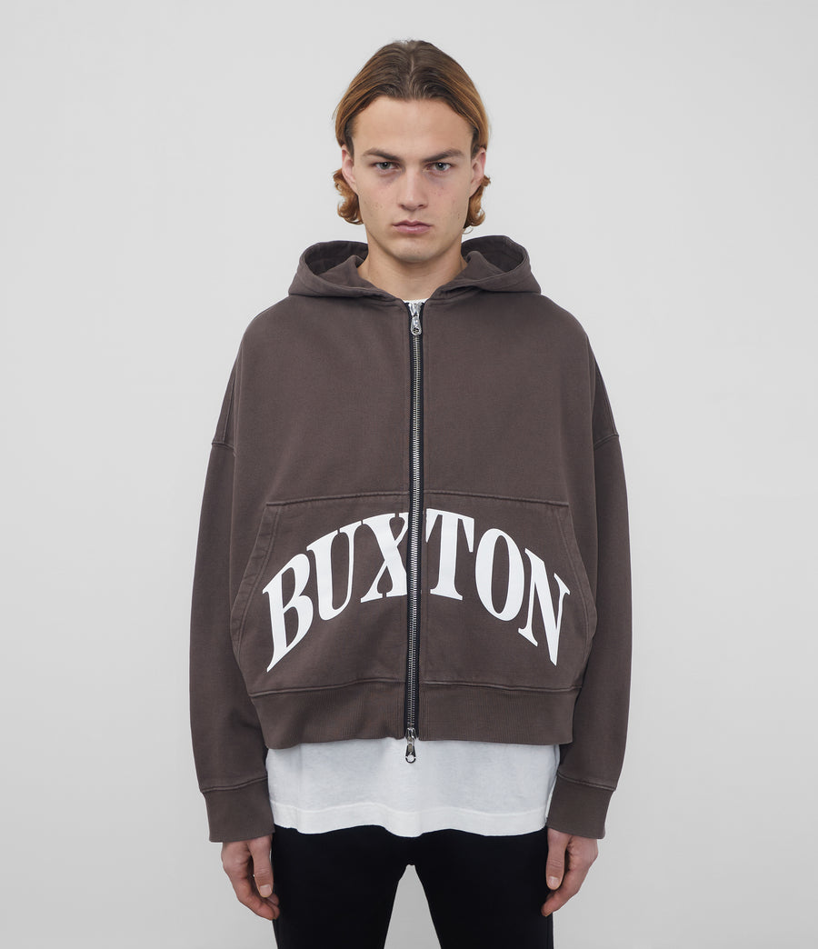 Cole Buxton Heavyweight Cropped Logo Zipped Men Hoodie Washed Brown | USA NC9-73957X3