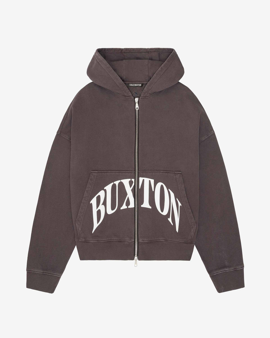 Cole Buxton Heavyweight Cropped Logo Zipped Men Hoodie Washed Brown | USA NC9-73957X3