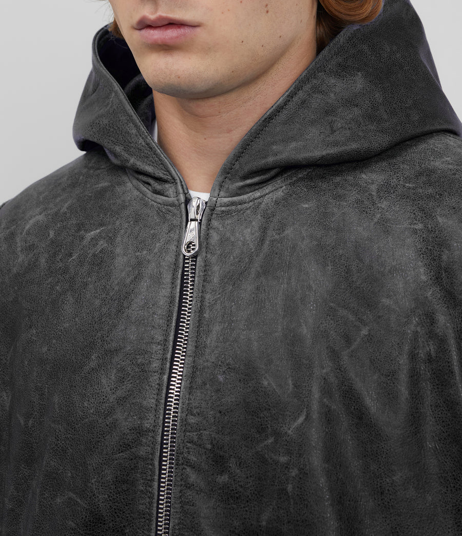 Cole Buxton Hooded Leather Men Jackets Black | USA ZM8-22542B5