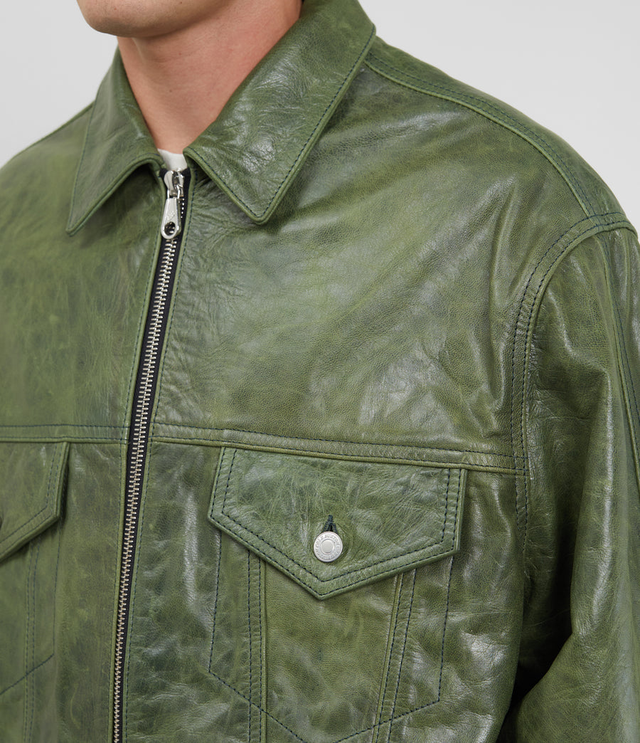 Cole Buxton Leather Trucker Men Jackets Green | USA FS6-04120B9