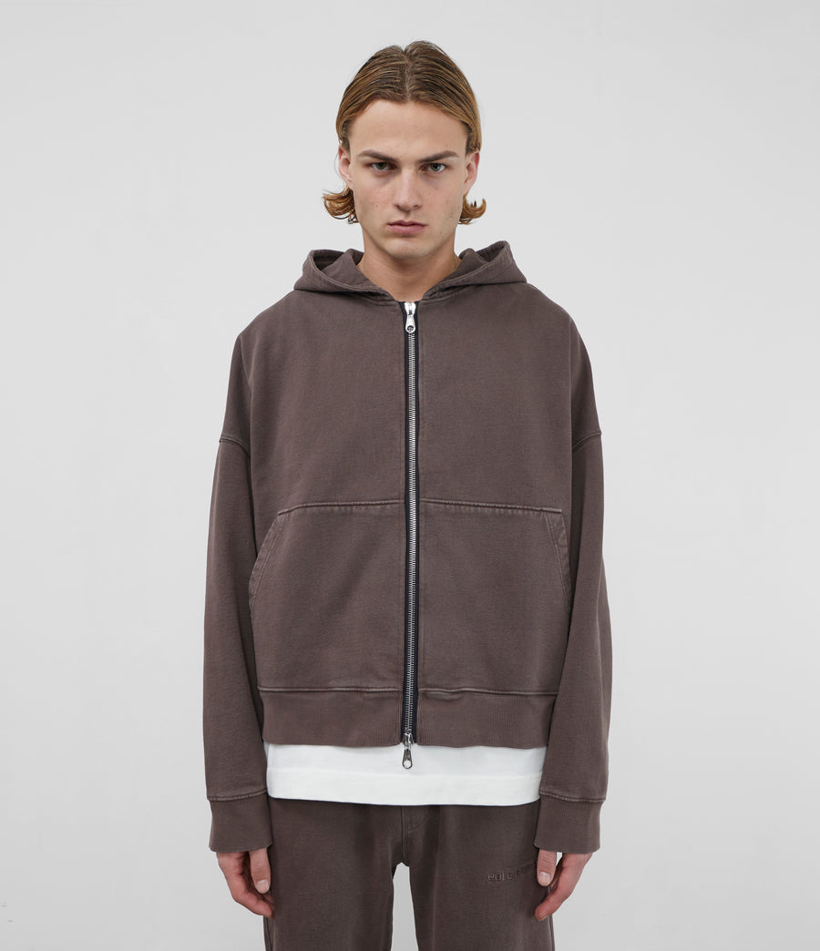 Cole Buxton Warm Up Cropped Logo Zip Men Hoodie Washed Brown | USA KR2-41044A7